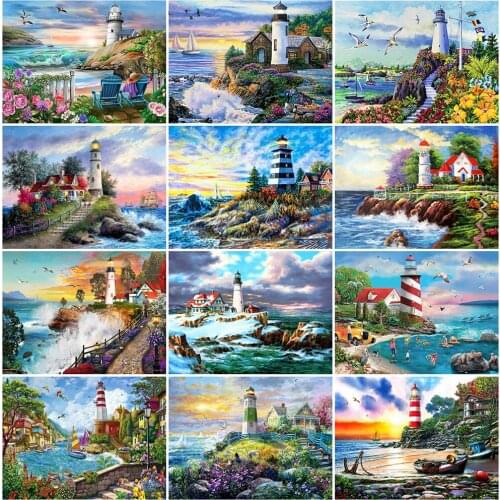 EverShine Diamond Painting Lighthouse Full Drill Square Diamond Embroidery Seaside Landscape Needlework Handmade Home Decor