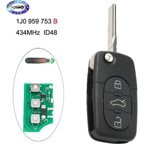 Flip Remote Key Fob With ID48 Chip 3 Buttons 433MHZ / 434 MHZ for VW 1J0 959 753 B For Beetle Bora Passat and more others