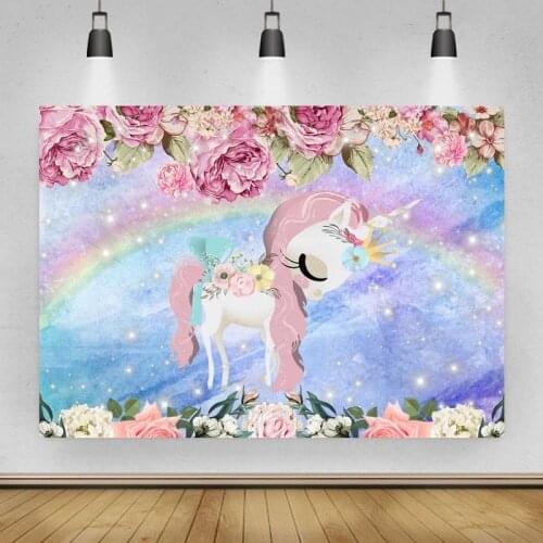 Blue Theme Roses Rainbow Unicorn Portrait Photography Background Vinyl Backdrop Happy Birthday Party Photocall Studio Props