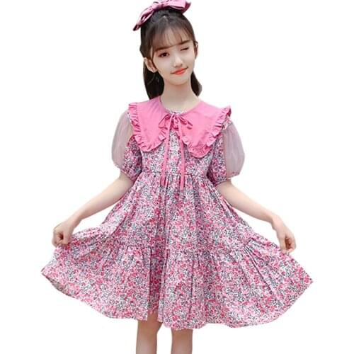 Summer Dresses For Girls Floral Pattern Dress For Girl Teenage Children Dress Patchwork Costume For Girls