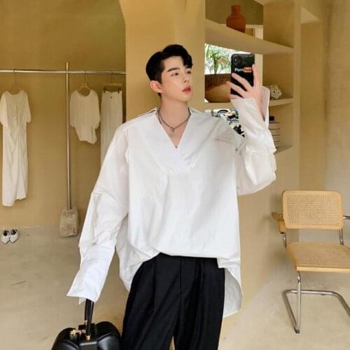 Loose shirt men long sleeve shirt Short front and long back design punk Hedging shirt mens personality Stage outfit