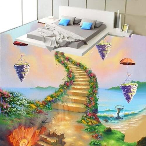 Custom Any Size Floor Mural 3D Creative Seaside Ladder Oil Painting Floor Wallpaper Living Room Self-Adhesive Waterproof Sticker