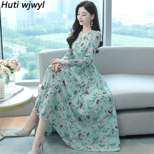 2021 Spring Autumn New Floral Chiffon Midi Dress Vintage Elegant Bodycon Party Vestidos Plus Size Women Beach Boho Maxi Sundress