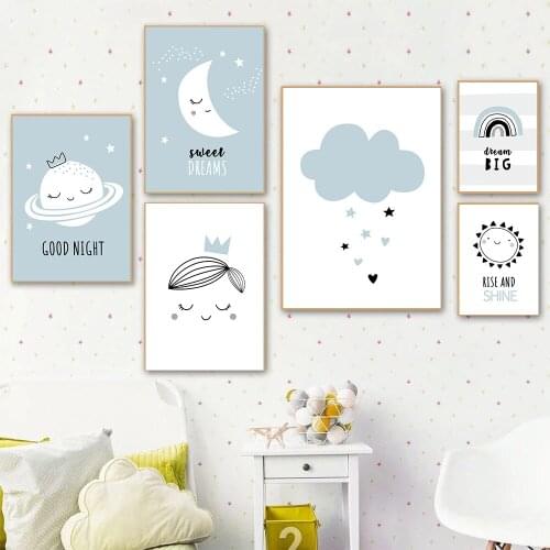 Planet Moon Art Painting Blue Cloud Print Nursery Canvas Poster Sun Rainbow Wall Art Prints Nordic Wall Pictures Baby Room Decor