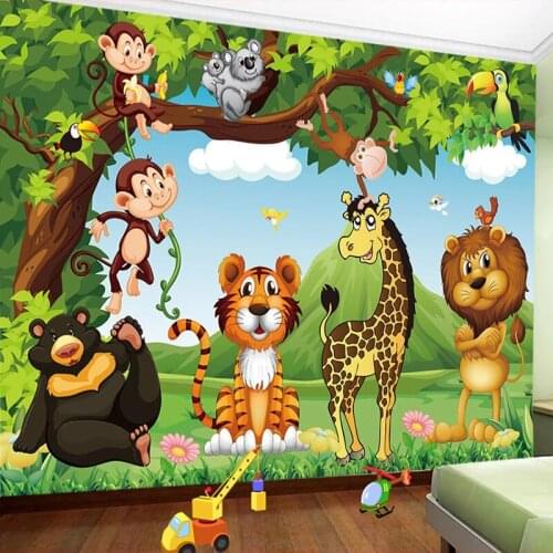 Custom Photo Mural Wallpaper 3D Cartoon Forest Animal World Children Kids Room Bedroom Wall Painting Wallpaper Lion Tiger Monkey