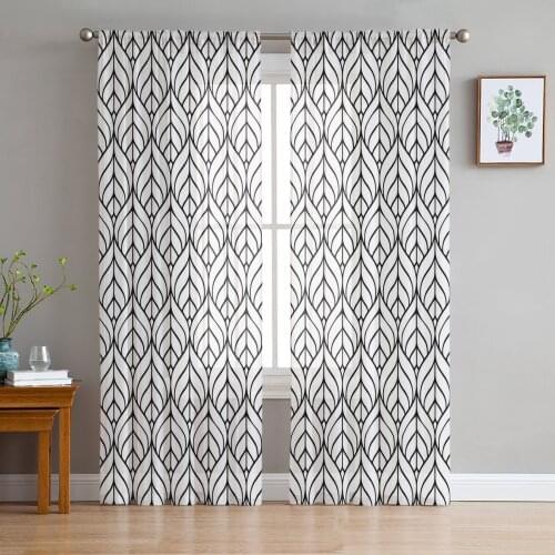 Tile Pattern Leaves Arranged Chiffon Tulle Curtains for Living Room Kitchen Bedroom Sheer Voile Yarn Window Treatment