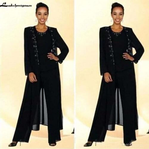 Modest Black Three Pieces Mother Of the Bride Dress with Jacket Plus Size Pant Suit Beaded Applique Mothers Weeding Party Dress