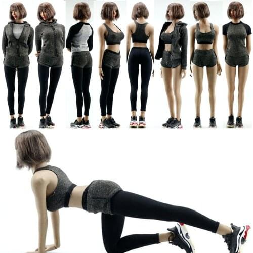 In Stock Scale 1:6 Female Soldier FA008 Clothes Yoga Suit Fitness Suit Set Gray 6 Piece Set For Collection