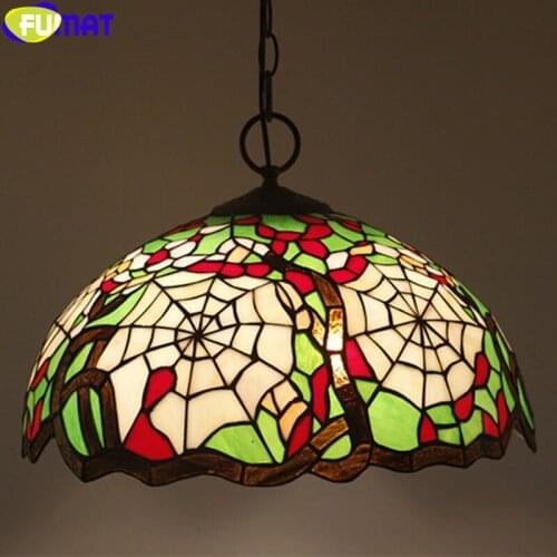 FUMAT Tiffany Stained Glass Pendant Lamp Red Yellow Rose Butterfly Spider Web Hanging Light Fixture Handcraft Arts Home Decor 16
