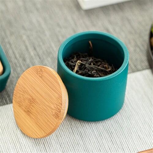 Japanese Ceramic Small Tea Caddy Sealed Cans Travel Portable Candy Coffee Storage Tank Seasoning Box Spice Jar with Bamboo Lid