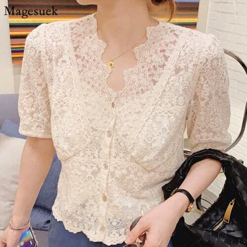 Korean Crochet Embroidery Elegant Blouse Woman Summer New Short Sleeve Lace Women Shirts Solid Plus Size Loose Tops Blusas 13920