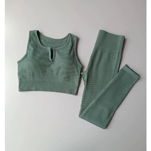 2PCS Women Seamless Yoga Sets Female Ribbed Fitness Clothing Sports Suit GYM Sports Bra High Waist Leggings Workout Set