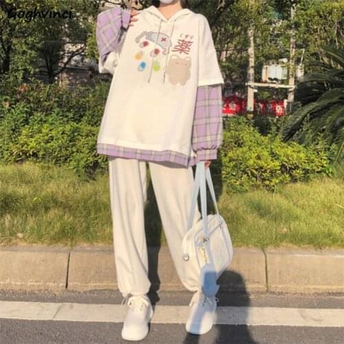 Women Sets Summer Autumn Leisure Pink White Fake Two Long Sleeve Cartoon Hooded Pullover High Waist Drawstring Wide TrouserS