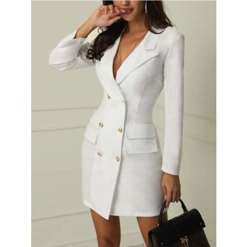 Office Dress Suit For Women Double Breasted Pocket White Black Thin Elegant Lady Outerwear Autumn Winter Clothing SECENSE