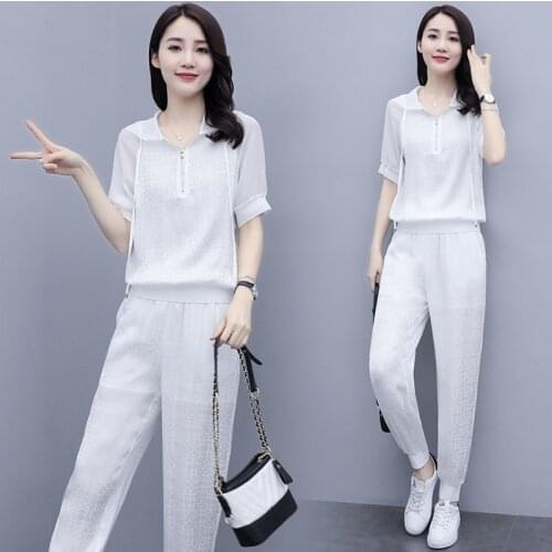 2021 Tracksuit Women Elegant Two -Pieces Suit Sets Female Stylish Short Sleeve Pullover Coat & Pant Sets Jogging Femme S-3XL