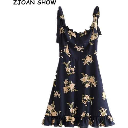 Summer France Style Vintage Grass Flower Print Bandage Tie Bow Strap Ruffles Hem Short Dress Retro Sexy Women Sling Summer