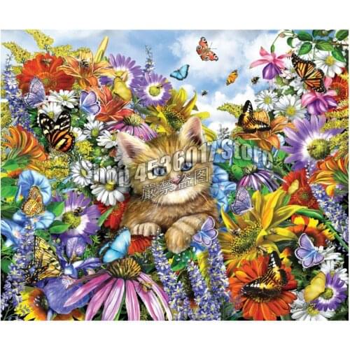 5D Diy Diamond Painting Kitty in the Garden Cross Stitch Embroidery Wall Sticker Diamond Mosaic Flowers Cats Christmas Crafts
