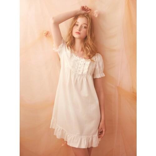 Free Shipping 2020 New Spring Princess Nightdress Womens Short Nightgown Sweet Sleepwear 100% Cotton Pink and White Nightshirt