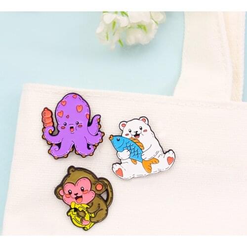 Smiling foodie animals Monkey Octopus baby white bear Enamel Brooch Banana fish sugar gourd food Cartoon fun jewelry Badge pins