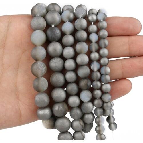 Metallic Coated Beads Natural Stone Silver Gray Druzy Agate Rough Round Loose Matte Beads for Jewelry Making DIY Bracelet 15inch