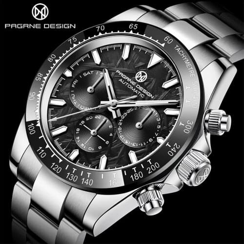 PAGRNE DESIGN Sapphire Glass100M Waterproof Watch Top Brand Stainless Steel Luminous Mechanical Watch Fashion Sports Watch Clock