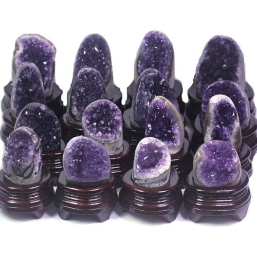 DS Natural Uruguay Amethyst Geode Druzy Cluster Minerals Specimen Healing Quartz Crystal Stone Home Decoration Free Wood Stand