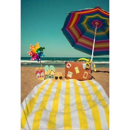 Seaside Scenery Photography Background Yellow And White Stripe Blanket With Colourful Umberlla And Supplies For Holiday Backdrop