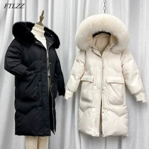 FTLZZ Winter Large Natural Fur Collar Hooded Down Long Jacket Women 90% White Duck Down Coat Windbreak Sleeve Snow Warm Outwear