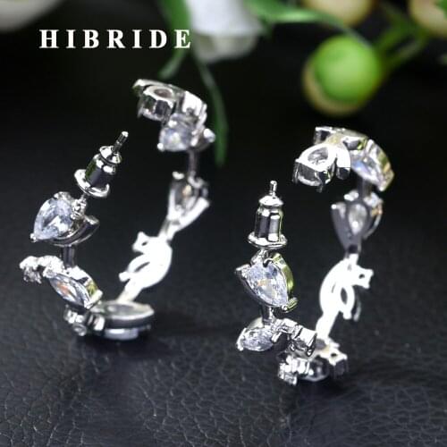 HIBRIDE Fashion Ladies Hoop Earring Round Circle Micro Pave Cubic Zirconia Crystal Large Hoop Earrings Jewelry CZ E-450