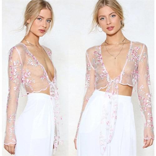 Hirigin Stylish Unique Women Floral Embroidery Cropped Tops Long Sleeve Sexy Deep V-neck See Through Cover Ups for Summer