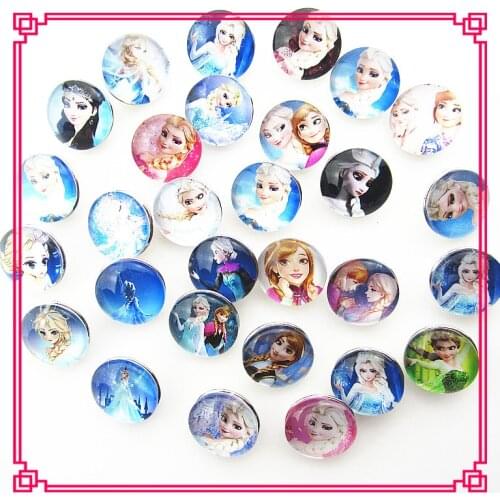Hot selling 20pcs/lot 18mm random mix glass anna and elsa princess snap buttons for snap bangle bracelet charms for diy jewelry