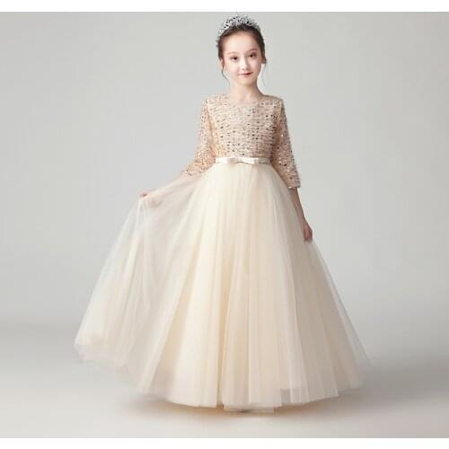 Exquisite Champagne Half Sleeve Sequins Girl Pageant Show Princess Birthday Dress Kids Family Event First Communion Baptism Gown