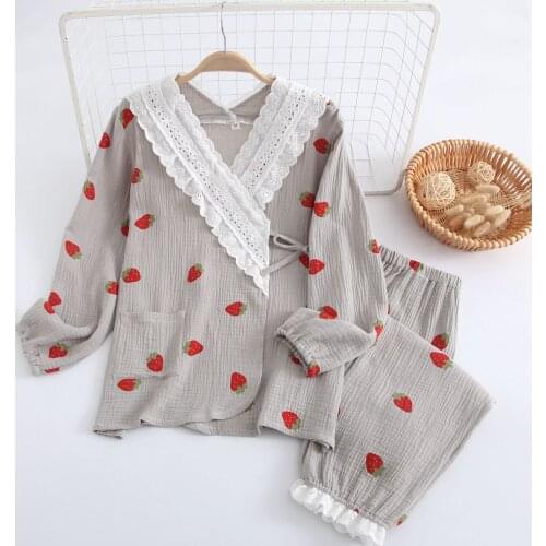 -kimono Spring and Autumn Ladies 100% Cotton Crepe Pajamas Set Lace Plus Size Loose Tether Yukata Set Home Service