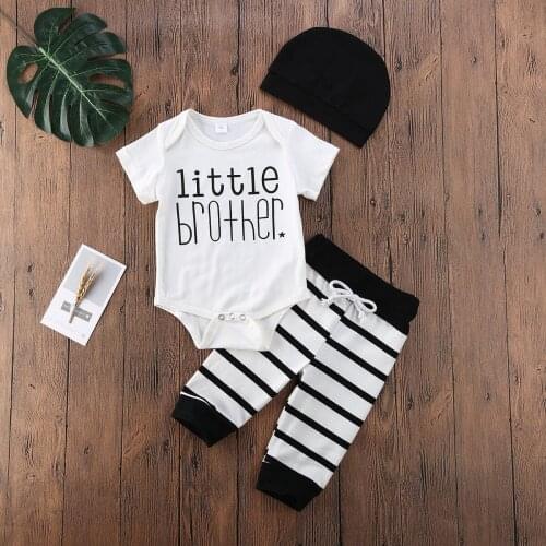 Infant Baby Boy Sets Clothes Little Brother Letter Print Bodysuit + Striped Pants + Black Hat 3Pcs Outfit Set
