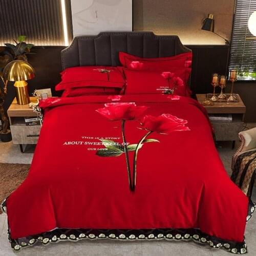 Red Rose Flowers Lace Duvet Cover set 100%Cotton Soft Queen Wedding Bedding Set Quilted Cotton Bed spread Pillow shams 4Pcs