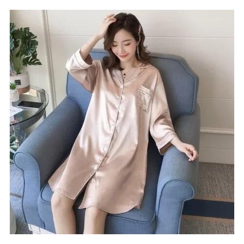 M-5XL Lapel Cardigan Nightdress Womens Spring Summer Sleepwear 3/4 Sleeve Silk Nightgowns Plus Size Home Dress Pocket