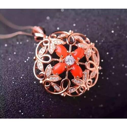 Natural red coral pendant S925 silver Natural gemstone Pendant Necklace trendy rich flower group women wedding gift jewelry