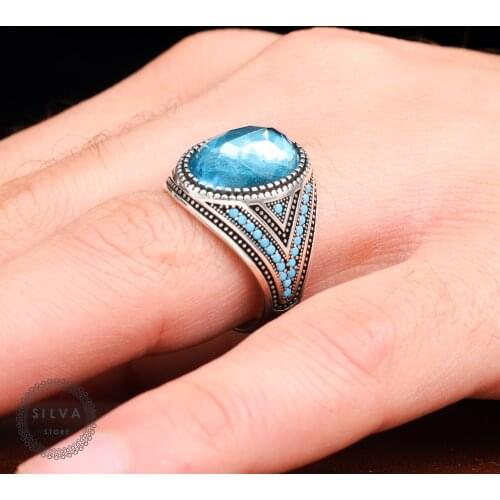 Original Sterling 925 Silver Mens ring With Blue Zircon Stone . Mens Jewelry All Sizes Are Available