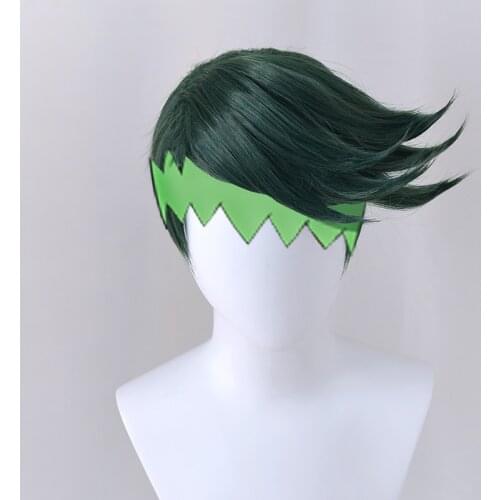New JoJos Bizarre Adventure Rohan Kishibe Cosplay Wig Short Dark Green Heat Resistant Synthetic Hair Wigs + Wig Cap