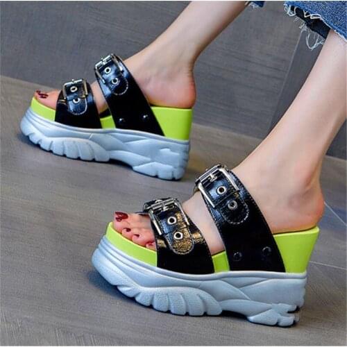 Summer Slippers Gladiators Women Cow Leather Sandals Platform Wedge High Heel Buckle Open Toe Party Pumps Beach Shoes
