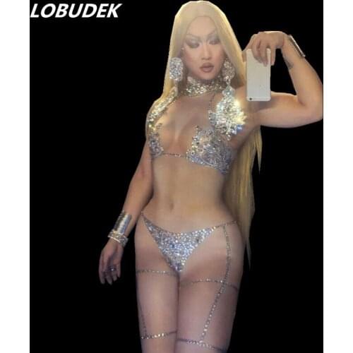 Sexy Leotard Rompers Female singer Nightclub Pole dancing stage costume Sparkly Crystal Bikini jumpsuit slim performance clothes