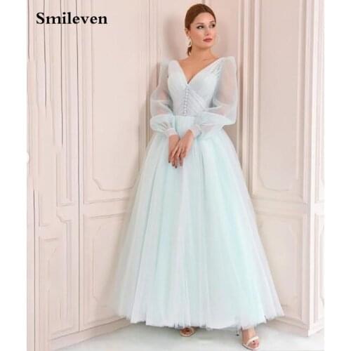 Smileven Puff Tulle Short Prom Dresses Ankle Length Puff Sleeve Evening Gowns Sexy V Neck Prom Party Gowns