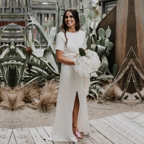 Short Sleeve Soft Satin Wedding Dresses Cut away Split Elegant Simple Bridal Gowns Mermaid engaged Noivas DW543