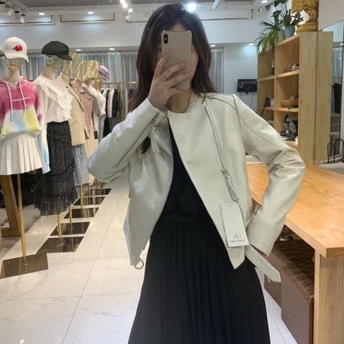 2021 Spring Autumn Stand Collar Long sleeve Off-white Bean green Slim Short Faux PU Leather Jacket Women Motorcycle Biker jacket