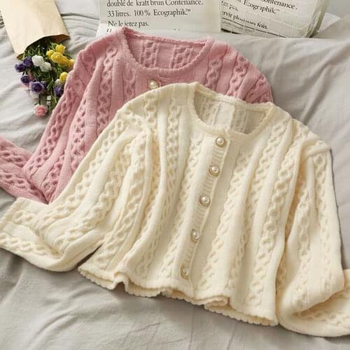 2021 Spring and Autumn New Long Sleeve Round Neck Pearl Button Short Cardigan Sweater Jacket Women All-match Knitwear
