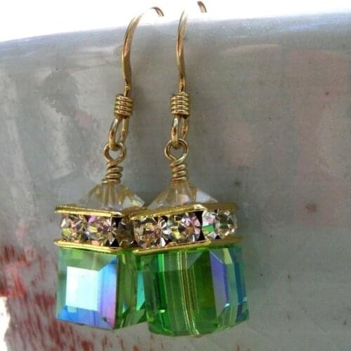Fashion Women Dangle Earrings Vintage Blue/Green Crystal Rhinestones Geometric Earrings For Women Jewelry Statement Girl Gift