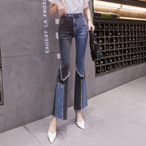 Women 2021 Spring Summer Fashion Patchwork Denim Pants Female Retro Thin Trousers Ladies High Waist Jeans Flare Pants P18