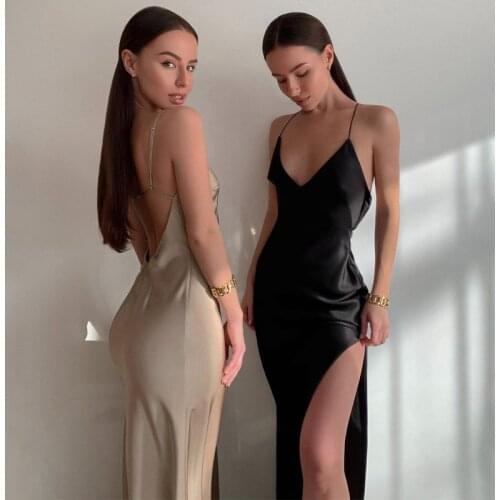 IMCUTE Summer Women Satin Silky Spaghetti Strap Split Long Dress Elegant Sleeveless Backless Club Party Beach Sexy Vestito 2021