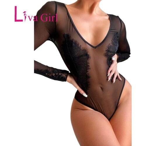 LIVA GIRL Black Lace See-through Womens Sheer Long Sleeve V Neck Bodysuit Female Slim Bedtime Body Top Mesh Bodycon Jumpsuit