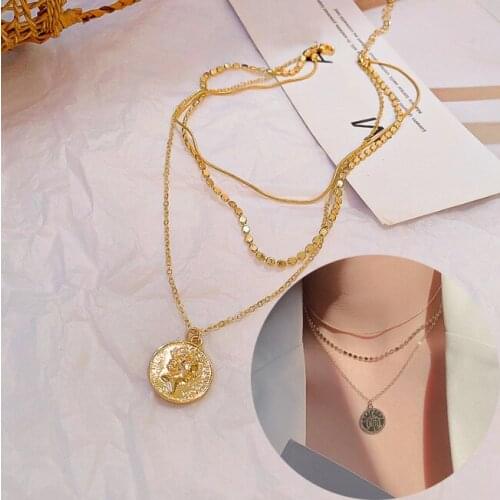 New Vintage Boho Fashion Multilevel Gold Color Human Head Coin Pendant Necklaces For Women Chain Necklace Jewelry